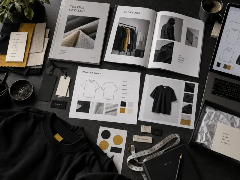 Moodboard met kledingontwerpen, stofstalen, labels en een lookbook